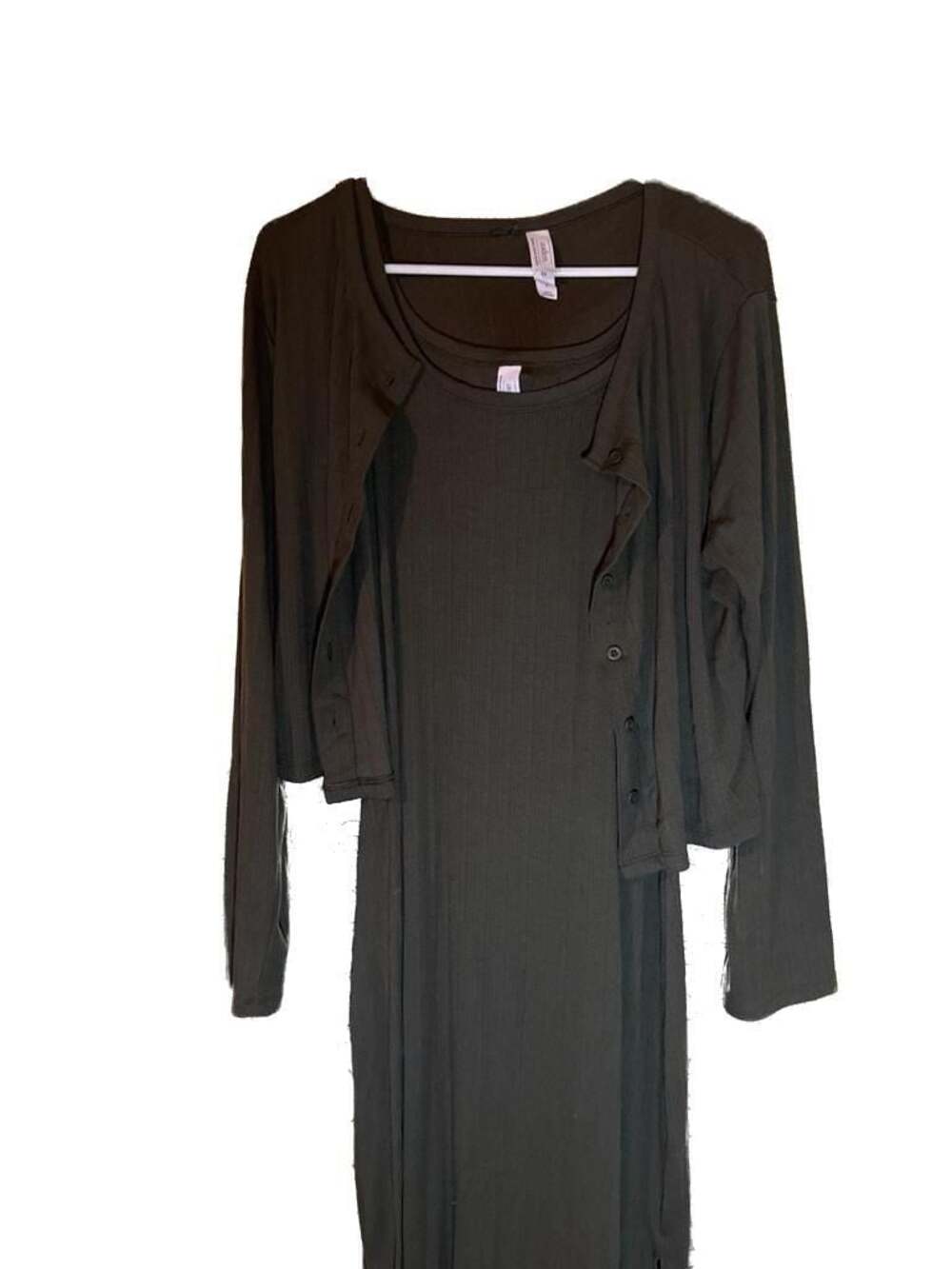 Auden Ribbed Knit Midi Sleep Dress and Cardigan Lounge Set in Dark Olive
